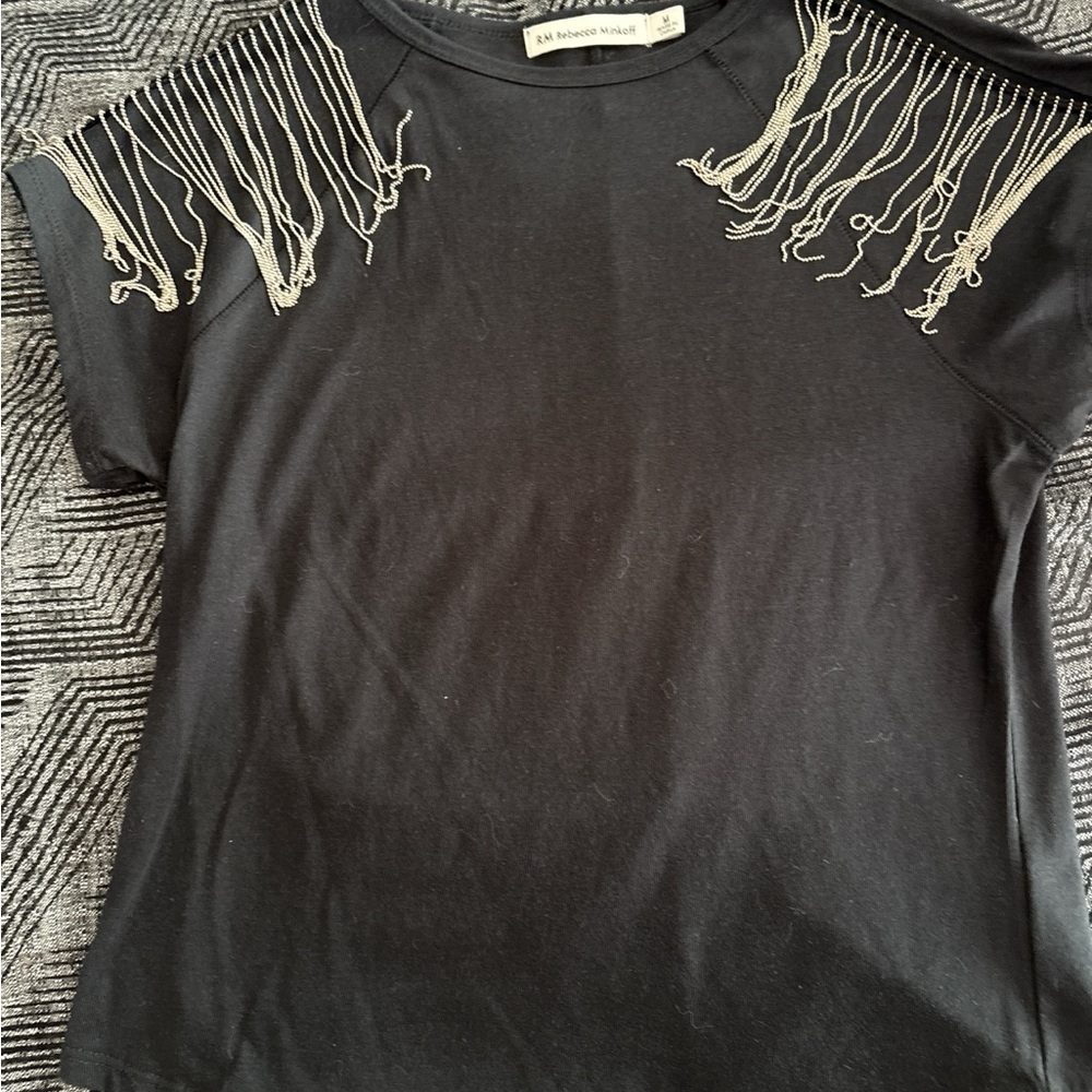 Rebecca Minkoff Black Tee with Silver Fringe